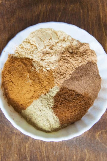 Chai spice ingredients (ground cinnamon, ginger, cardamom, nutmeg, cloves, and allspice) in a bowl on a wooden backdrop