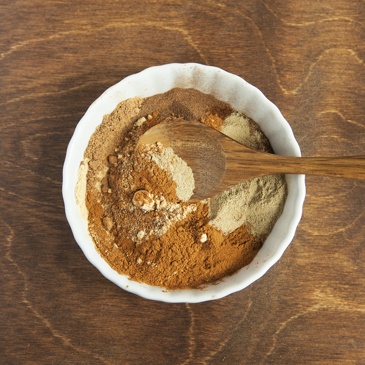 Chai spice blend ingredients (ground cinnamon, ginger, cardamom, allspice, clove, and nutmeg) in a bowl with a wooden spoon on a brown wooden backdrop.