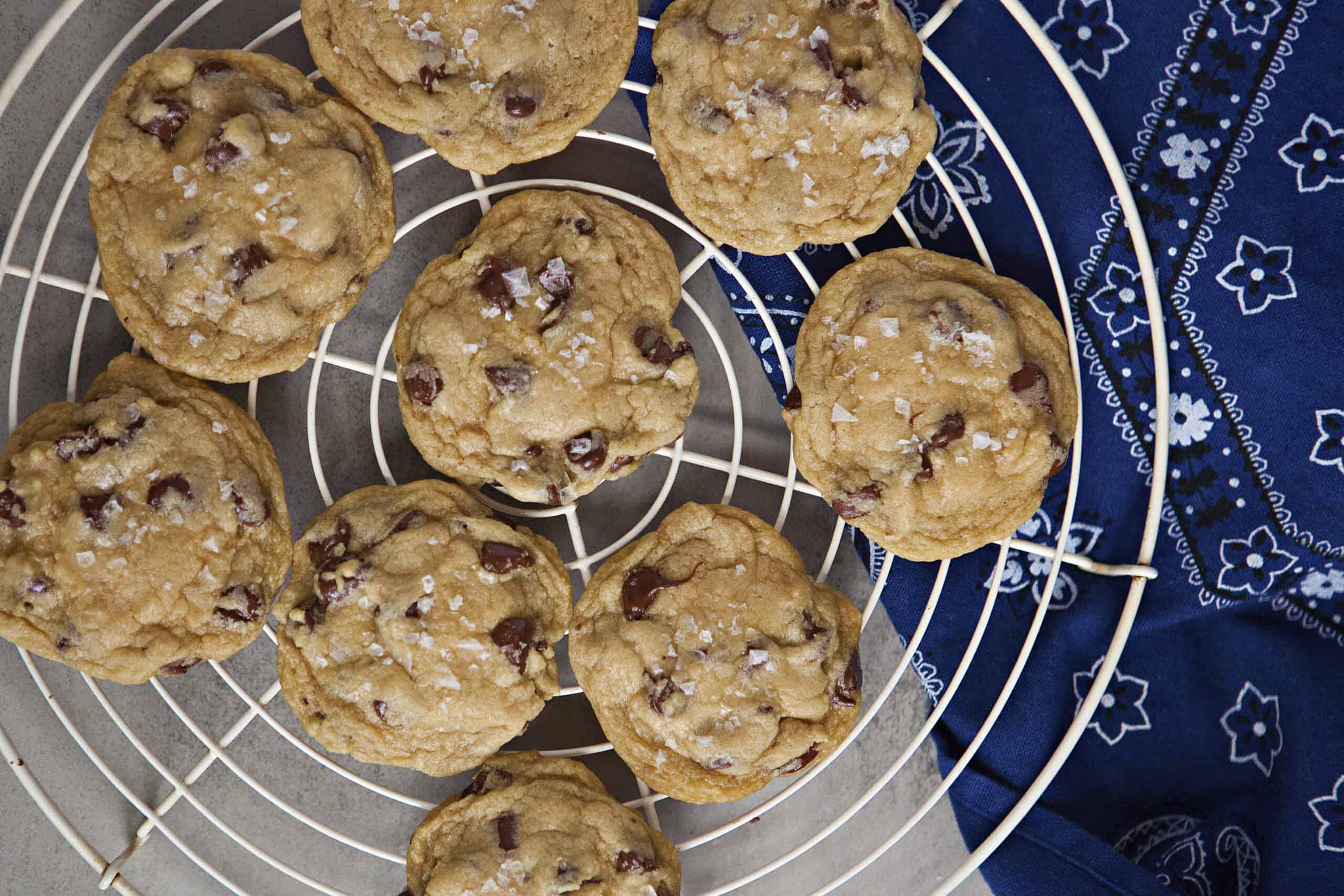 Soft chocolate chip cookies with sea salt on a cooling rack alongside a metal tart dish filled with sea salt flakes and a blue bandanna pattern kitchen towel on a gray background.